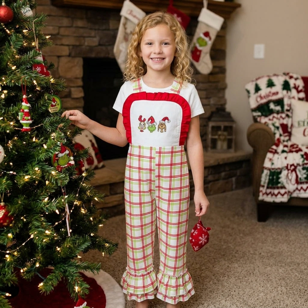 SR4282 Embroidery Christmas Green Animals Red Girl's Jumpsuit