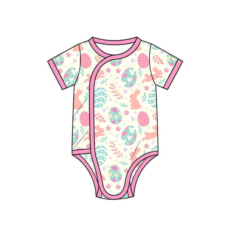 Preorder MOQ 5 pcs SR4343 Easter Bunny Eggs Flower Pink Baby Girls Bubble Romper