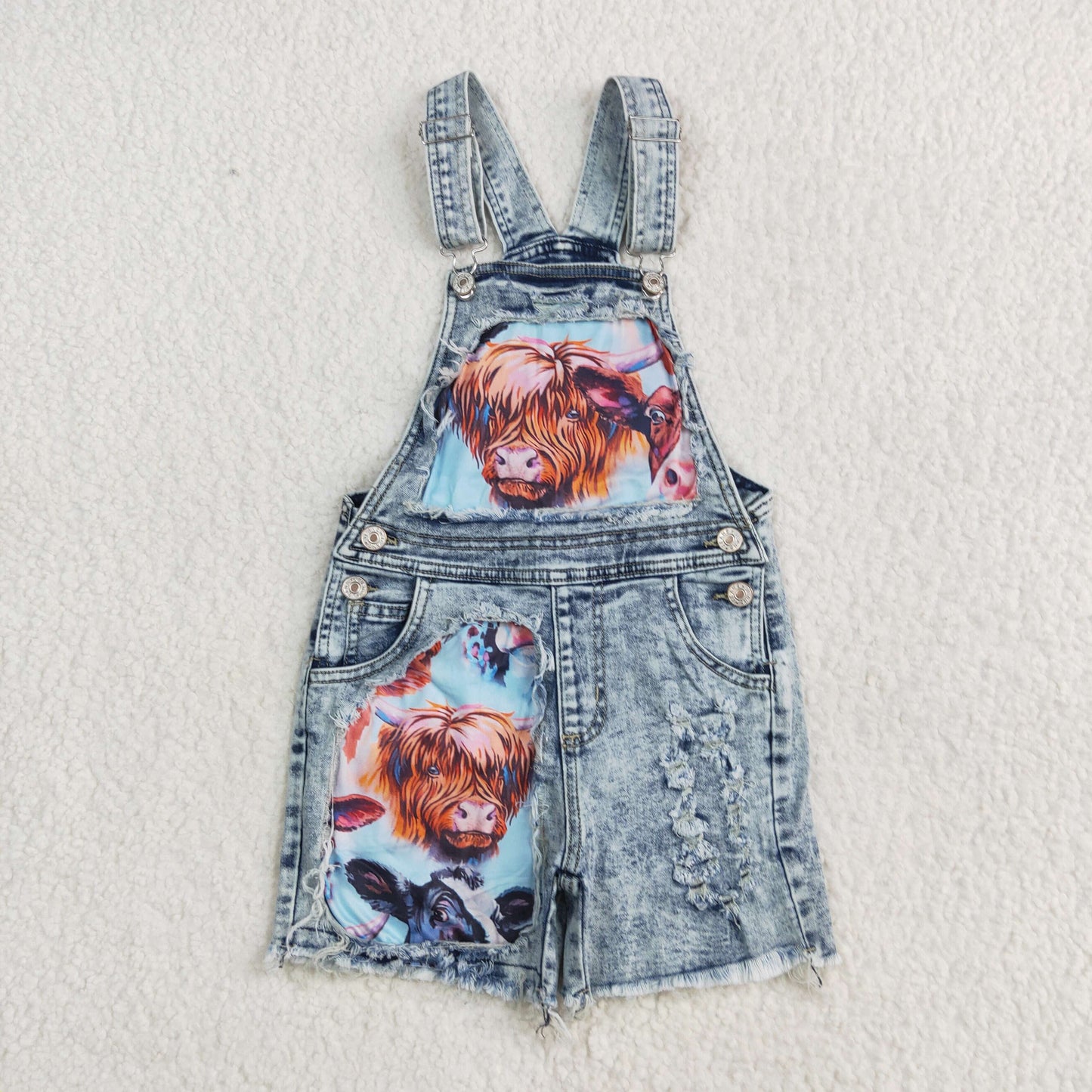 SS0023 New Highland Cows Blue Distress Overalls Denim Jeans 202505 RTS