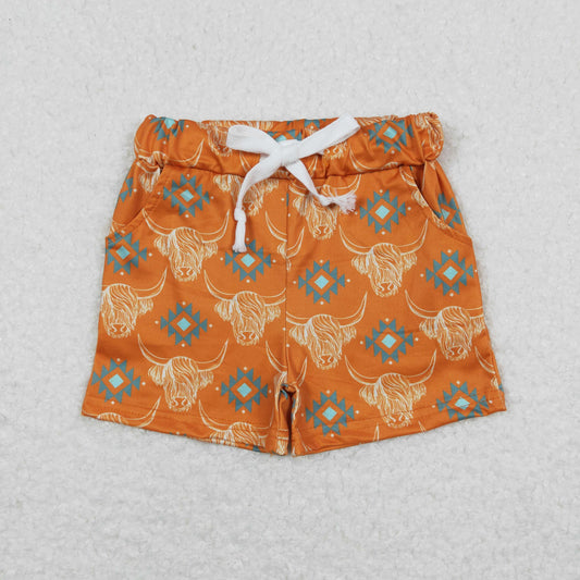 SS0208 high mountain bull's head geometric  pattern orange shorts boys boutique shorts 20240401 RTS
