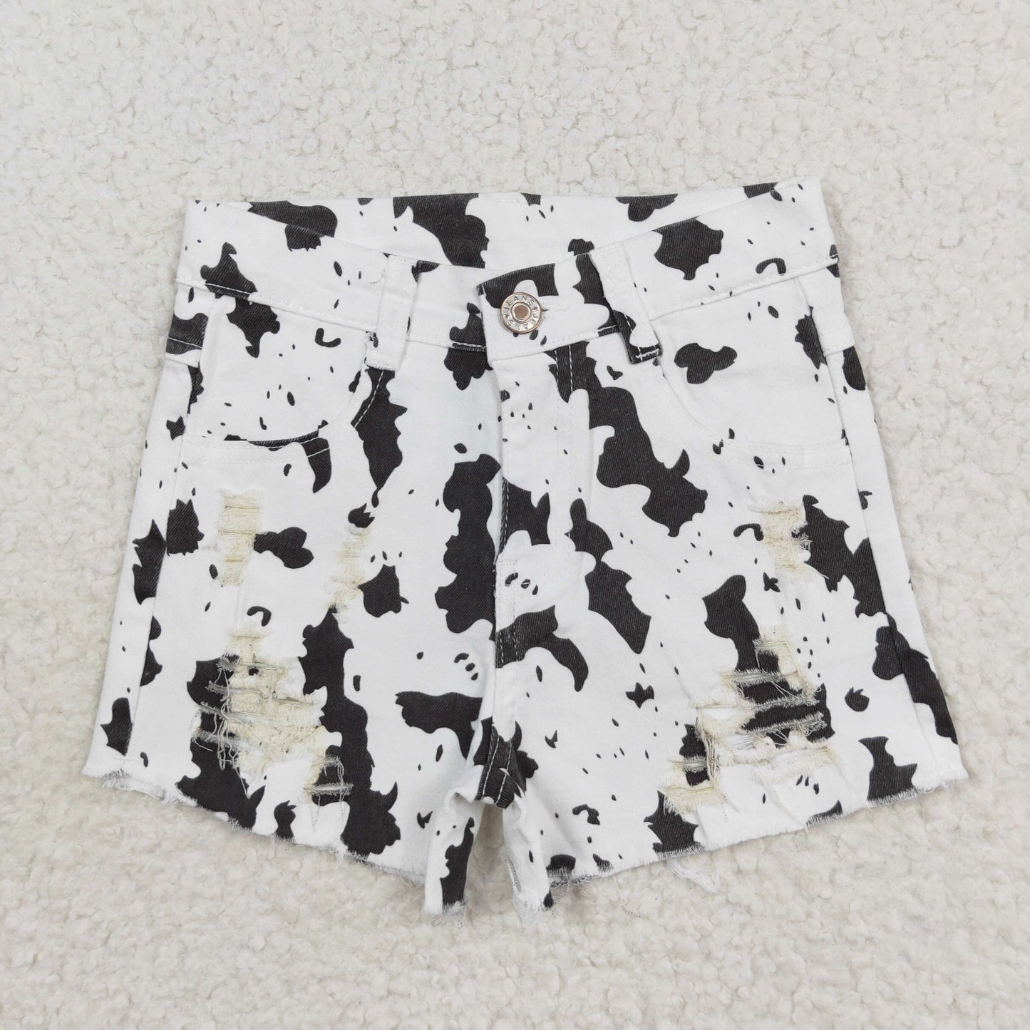 SS0332 NO MOQ White cow-print ripped denim shorts High quality girls denim jeans