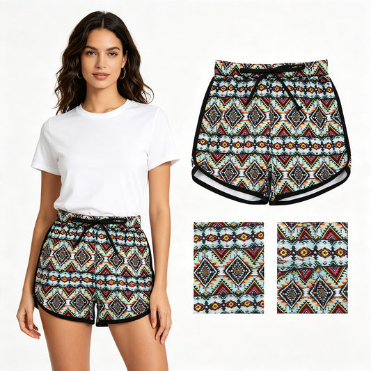SS0452 Adult Female Blue Green Geometric Black Drawstring Shorts 202605 RTS