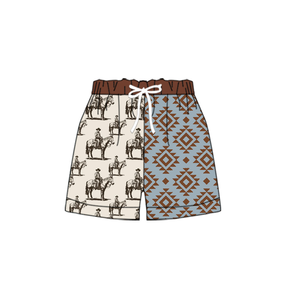 Preorder SS0453 western rodeo fashion brown horse Geometric figure Shorts boutique outfit boys swimming trunks RTS 202502