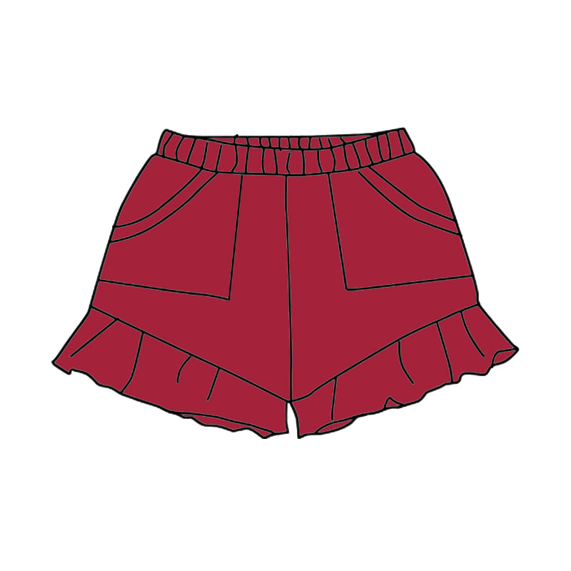 preorder SS0565 Girls Boutique Outfit Pure Cotton Dark Red Pocket Ruffle Shorts 202503