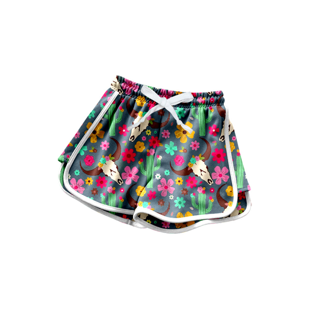 preorder SS0606 Cow Cactus Flower Grey Blue Yoga Shorts Girls boutique outfit 202504