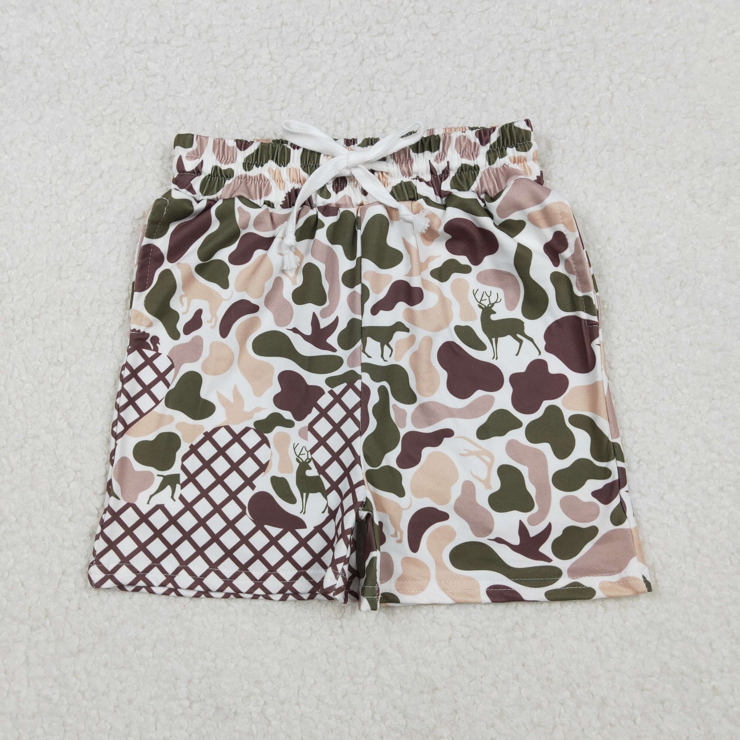 SS0652 Waffle Puppy Deer Duck Hunting Camouflage Boys Boutique Blue Shorts 202510 RTS