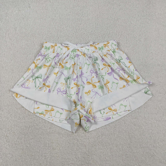 SS0679 Mardi Gras Adult Female Yellow Green Purple Bows White Yoga Shorts 202511 RTS