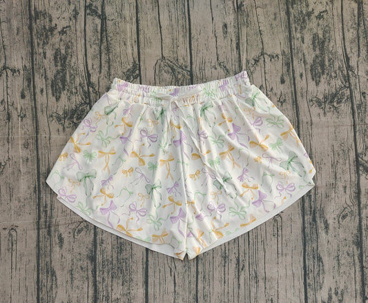 NO MOQ preorder SS0679 Mardi Gras Adult Female Yellow Green Purple Bows White Yoga Shorts 202510