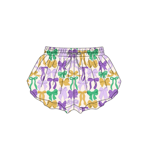 MOQ 5 preorder SS0681 Mardi Gras Adult Female Bows Pattern Purple Yoga Shorts 202510