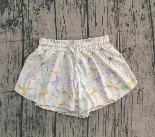 NO MOQ preorder SS0682 Mardi Gras Yellow Green Purple Bows White Girls Yoga Shorts 202510