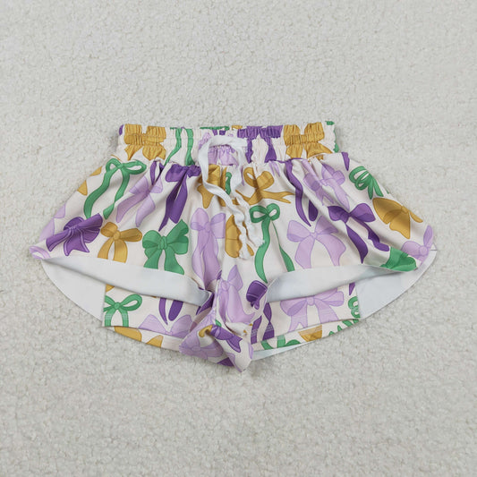 SS0684 Mardi Gras Bows Purple Girls Yoga Shorts 202511 RTS