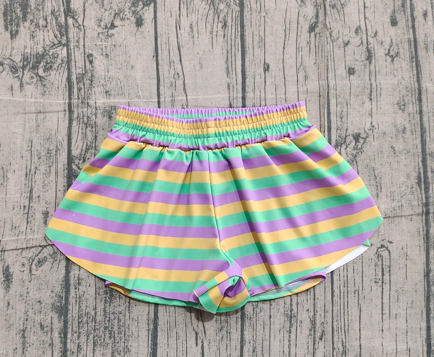 NO MOQ preorder SS0685 Mardi Gras Yellow Green Purple Stripe Girls Yoga Shorts 202510