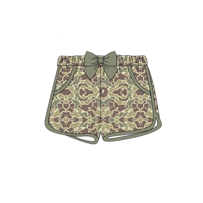 MOQ 5 Preorder SS0690 Girls Bow Gray Green Camouflage Shorts 202510