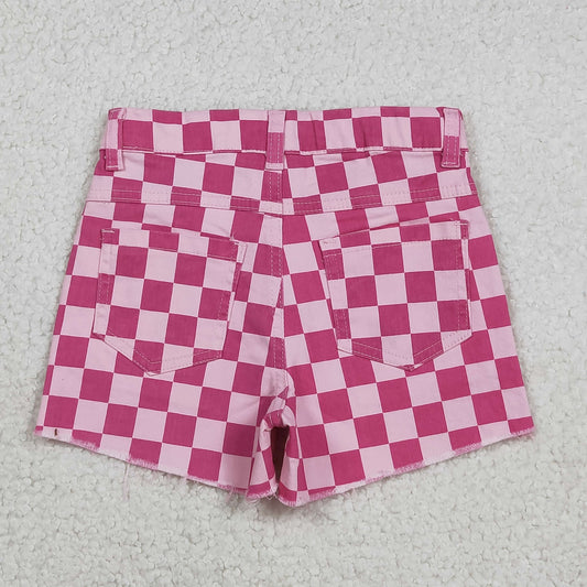 SS0764 Rose Red Plaid Girls Denim Shorts 202512 RTS