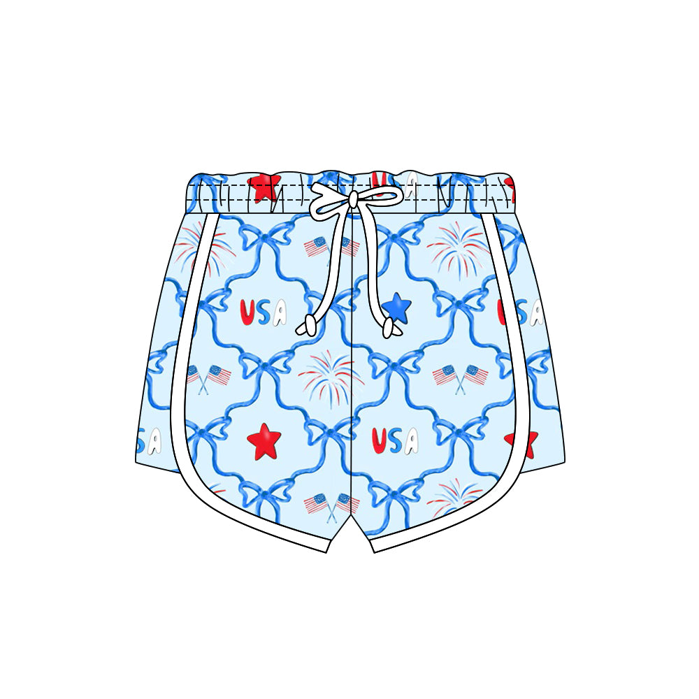 MOQ 5 PCS preorder SS0782 4th of July USA Star Bows Fireworks Blue Girls Shorts 202512