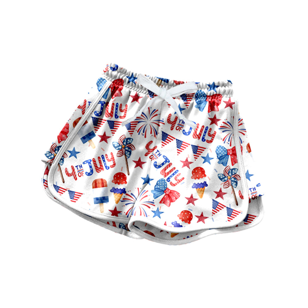 MOQ 5 PCS preorder SS0784 4th of July USA Star Flag Ice Cream Bows Fireworks White Girls Shorts 202512