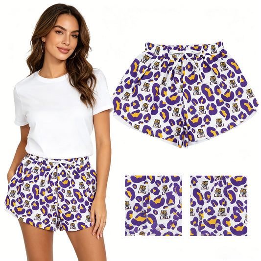 SS0811 Adult Female GO TEAM Tiger LSU Purple Yellow Leopard White Yoga Shorts 202604 RTS