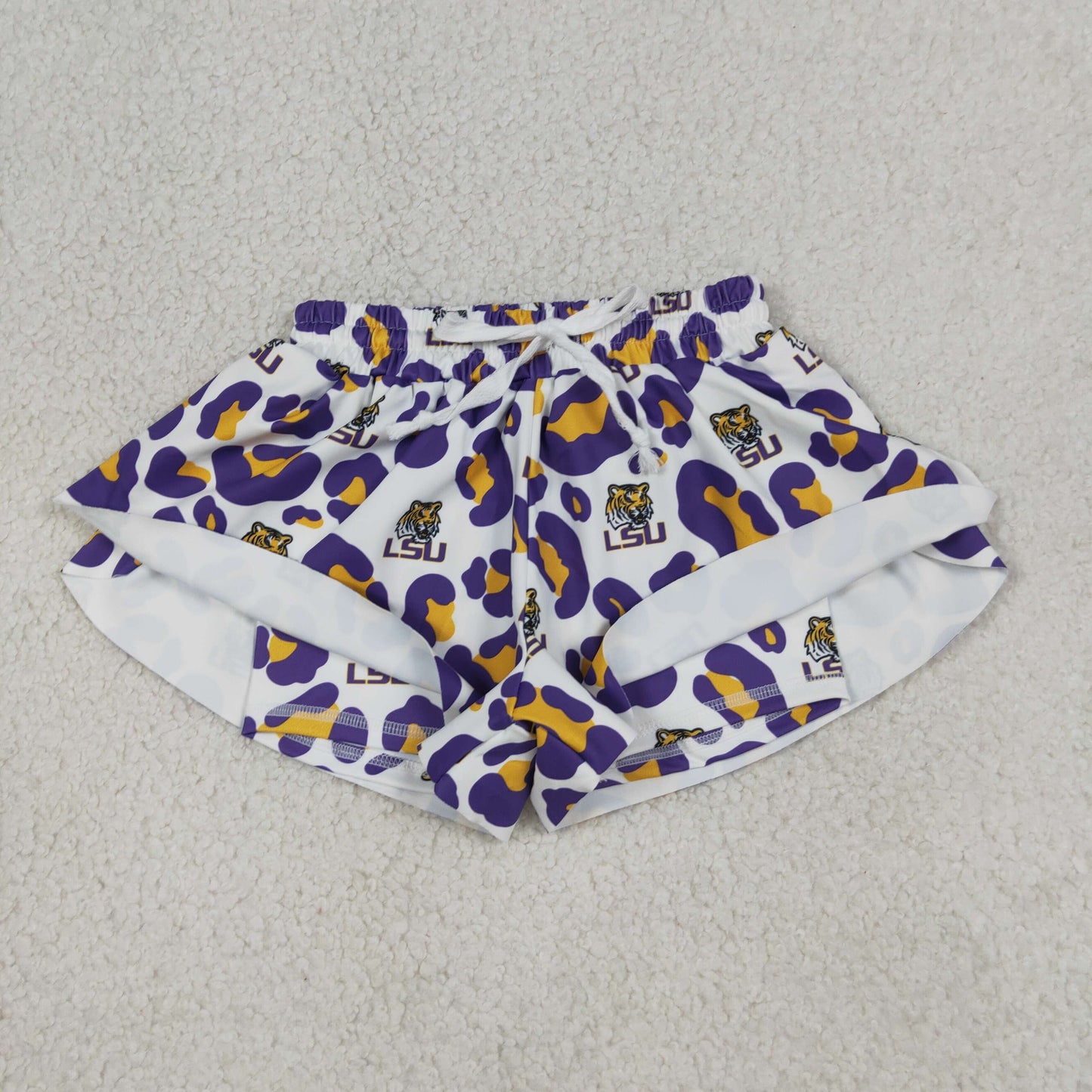 SS0821 GO TEAM Tiger LSU Purple Orange Leopard White Girls Yoga Shorts 202604 RTS
