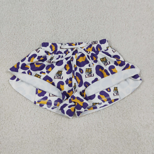 SS0821 GO TEAM Tiger LSU Purple Orange Leopard White Girls Yoga Shorts 202604 RTS