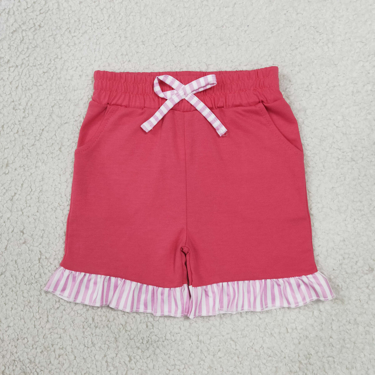 SS1001 Solid Color Stripe Ruffles Rose Red Girl's Shorts