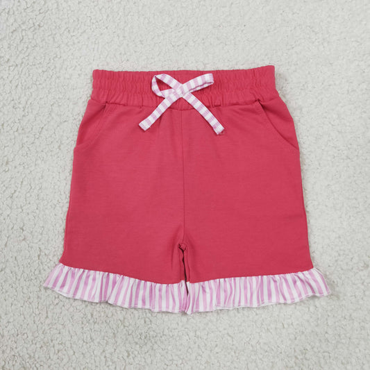SS1001 Solid Color Stripe Ruffles Rose Red Girl's Shorts