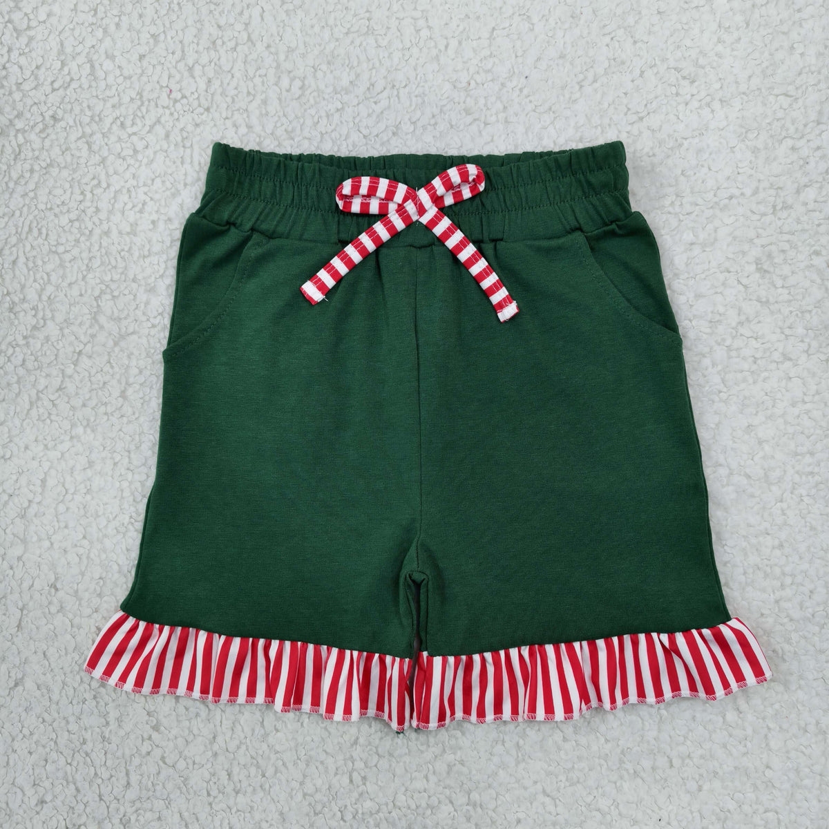 SS1002 Christmas Solid Color Stripe Ruffles Dark Green Girl's Shorts