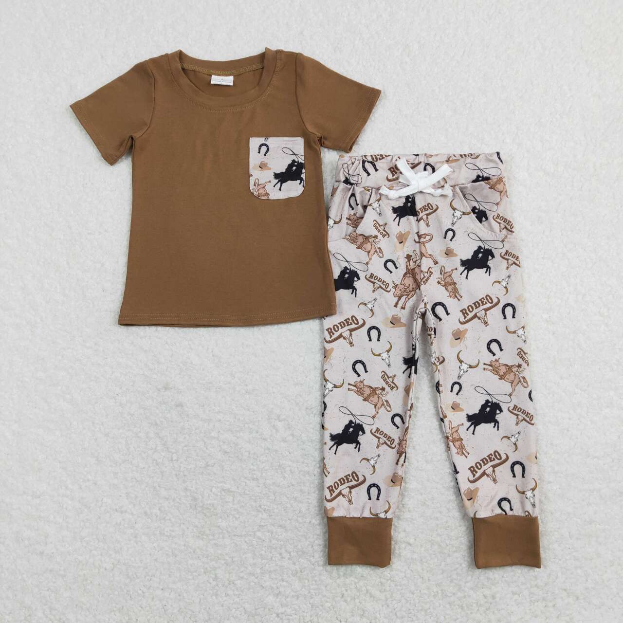 BSPO0198 Brown Rodeo Pocket Boys Short Sleeve Pants Outfits Pajamas