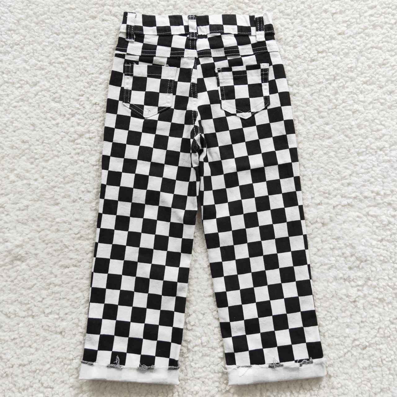 P0122 Black Plaid Distress Girls Denim Jeans