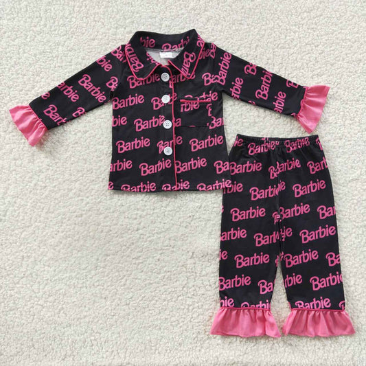 GLP0654 Pink B Cartoon Girls Long Sleeve Pants Outfits Pajamas Collar