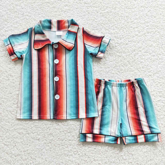 BSSO0273 Blue Red Stripes Collar Boys Short Sleeve Shorts Outfits Pajamas