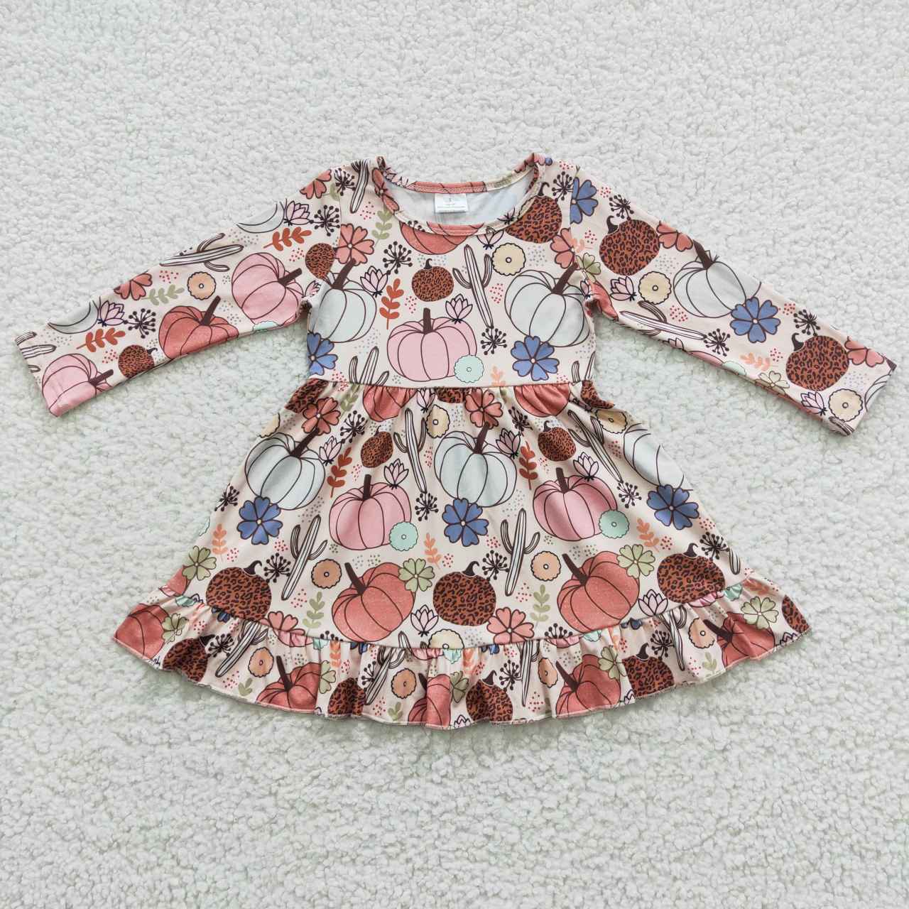 GLD0255 Halloween Pink Pumpkin Leopard Girls Long Sleeve Dresses