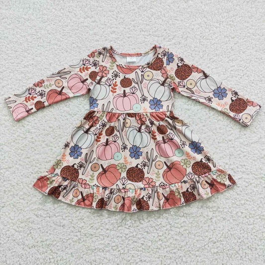 GLD0255  Halloween Pink Pumpkin Leopard Girls Long Sleeve Dresses