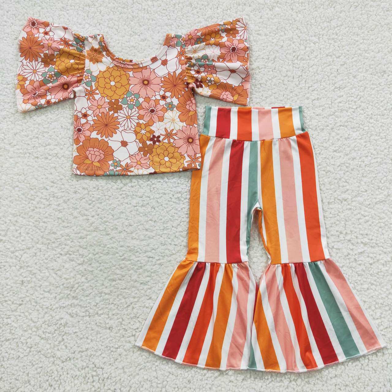 GSPO0724 Orange Stripes Floral Girls Short Sleeve Pants Outfits