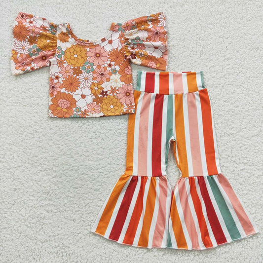 GSPO0724 Orange Stripes Floral Girls Short Sleeve Pants Outfits