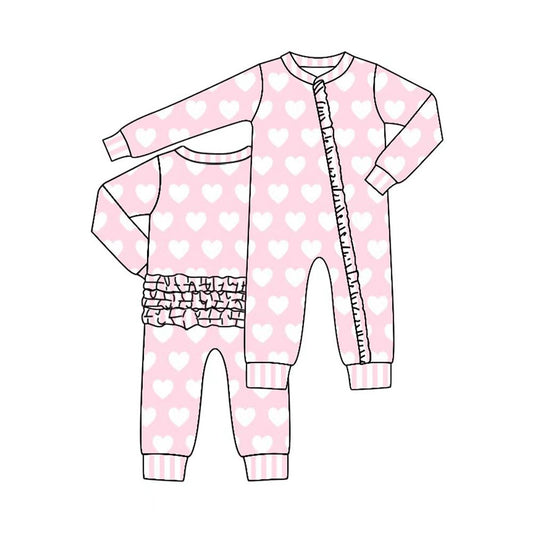 CUSTOM MOQ 5 PCS preorder Valentines Day Love Ruffle Pink Long Sleeve Girls Romper 202511