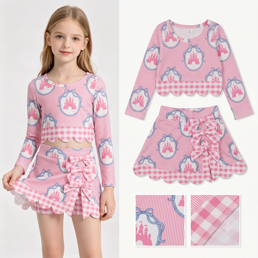GLD1601 Castle Bows Pink Stripe Long Sleeve Wave Ruffle Skirts Girls Yoga Sets 202607 RTS