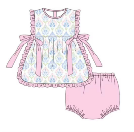 CUSTOM MOQ 5 PCS preorder Floral Bows Pink Ruffle Sleeveless Bubble Bummies Girls Sets 202511