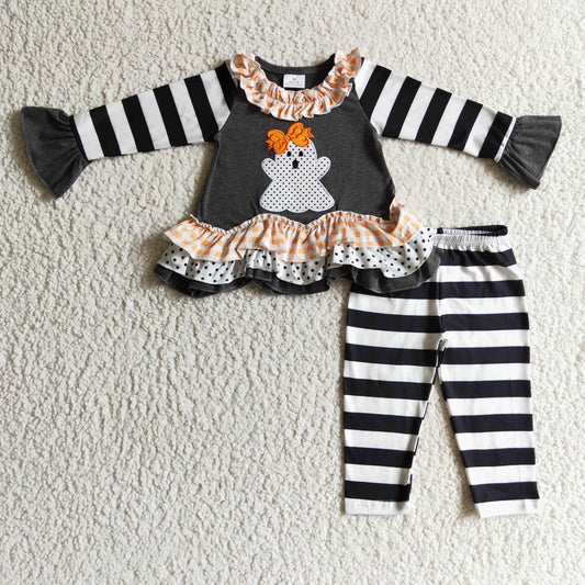 GLP0180 Halloween Ghost Cartoon Black Stripes Ruffles Tunic Embroidery Girls Long Sleeve Pants Outfits