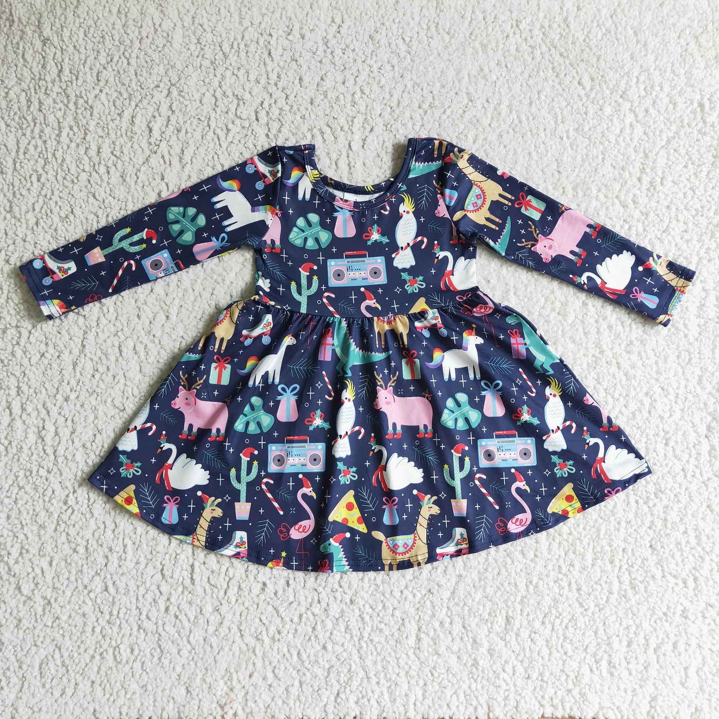 GLD0135 Christmas Santa Blue Pig Unicorn Animal Cartoon Girls Long Sleeve Dresses