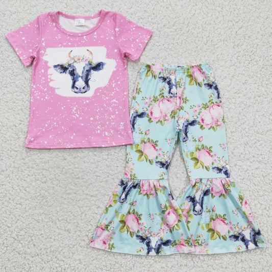GSPO0395 Pink Cow Floral Girls Short Sleeve Bell Bottom Pants Outfits