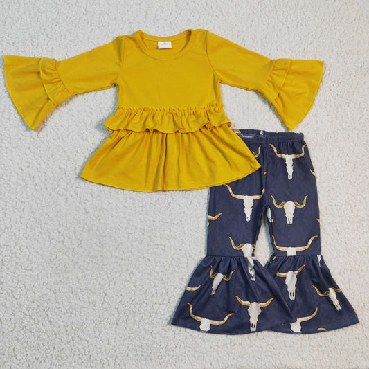 promotion RTS GLP0368 Yellow Ruffles Black Highland Cow Head Western  Girls Long Sleeve Bell Bottom Pants Outfits