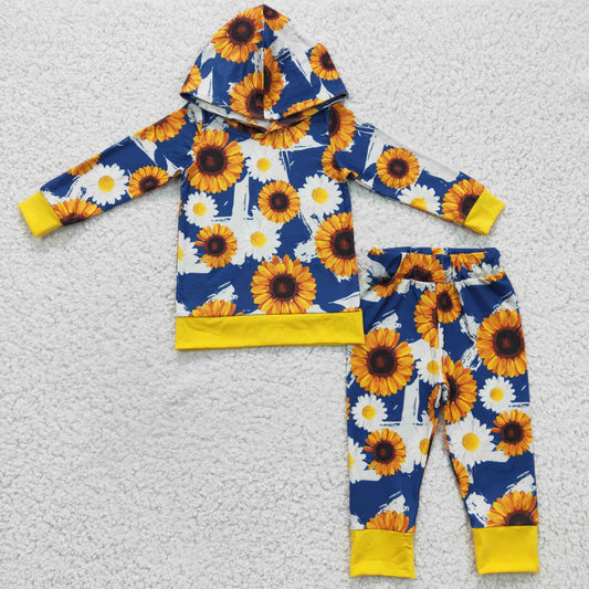 Clearance 6 B10-5 Yellow Blue Sunflower Boys Long Sleeve Hoodies Outfits