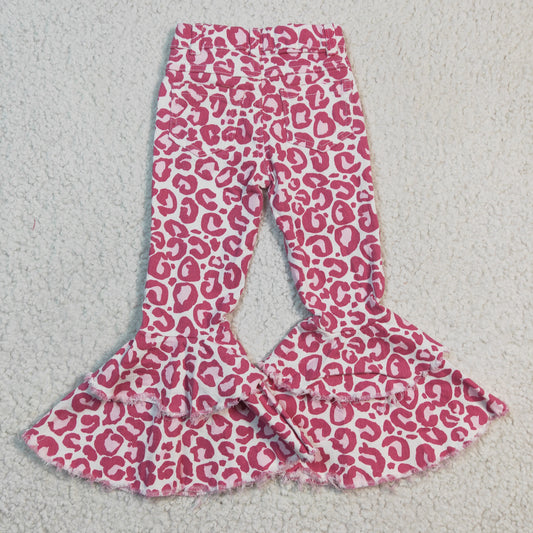 P0044 Pink Leopard Double Ruffles Denim Jeans