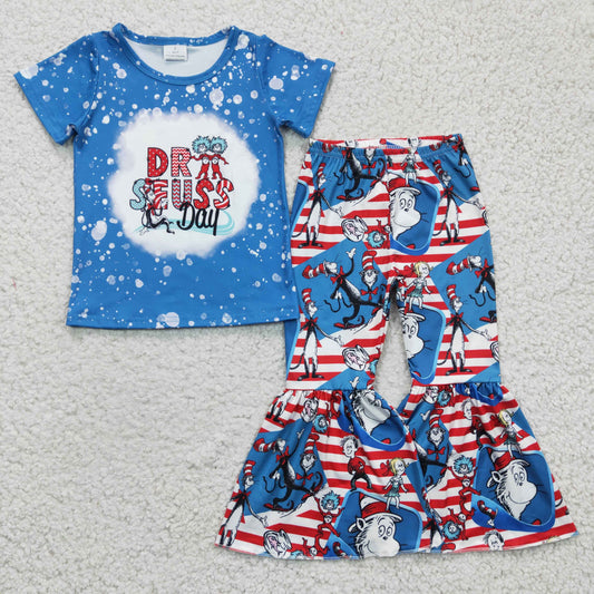 GSPO0406 Blue Red Cat hat Cartoon Girls Short Sleeve Bell Bottom Pants Outfits