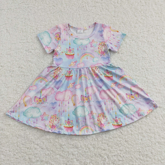GSD0166 Valentine Purple Pink Unicorn Rainbow Love Girls Short Sleeve Dresses