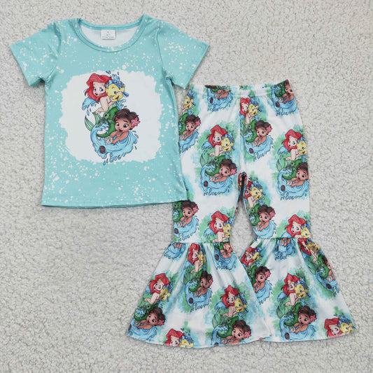 GSPO0393 Blue Mermaid Cartoon Girls Short Sleeve Bell Bottom Pants Outfits