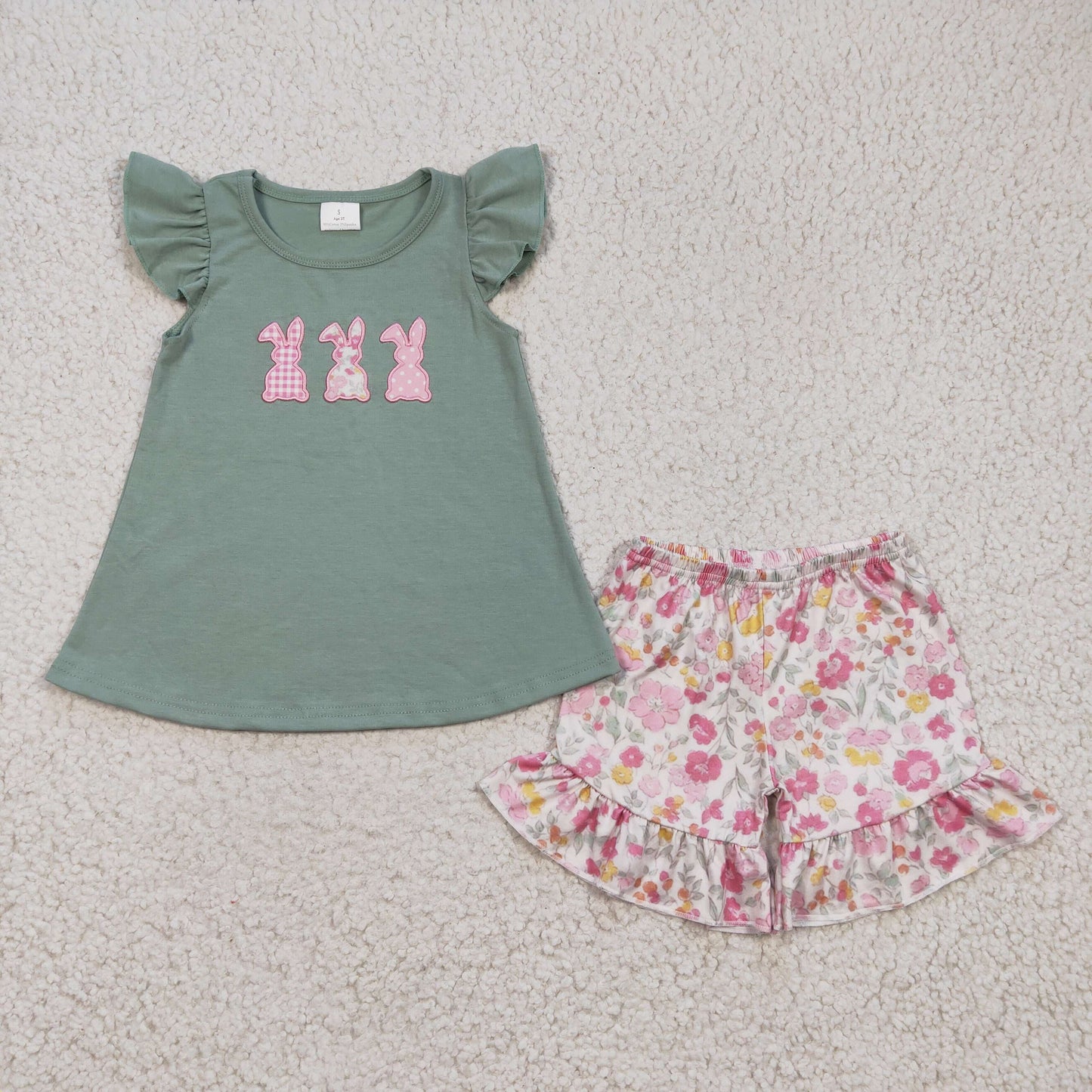 GSSO0160 Easter Green Pink Floral Rabbit Embroidery Girls Short Sleeve Shorts Outfits