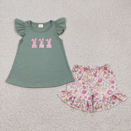 GSSO0160  Easter Green Pink Floral Rabbit Embroidery Girls Short Sleeve Shorts Outfits