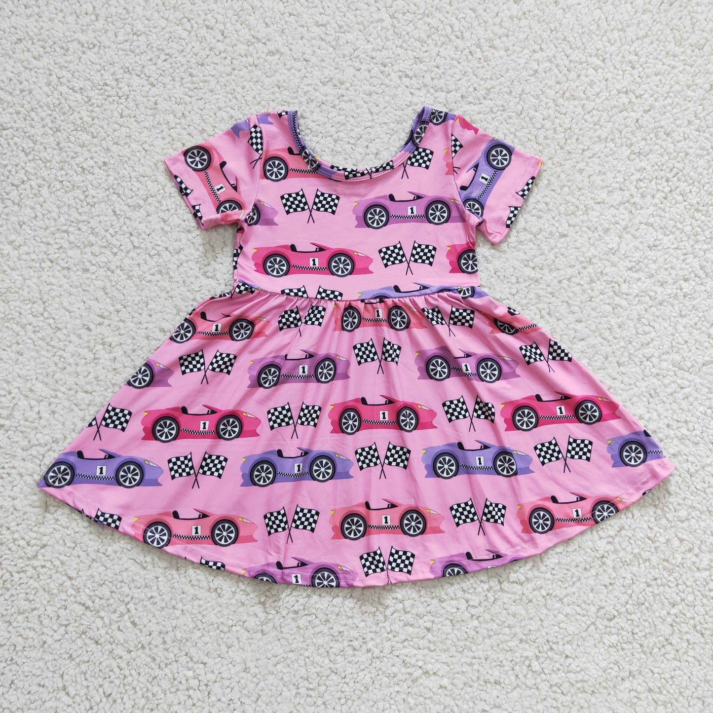GSD0177 Pink Bleach Race Car Girls Short Sleeve Dresses