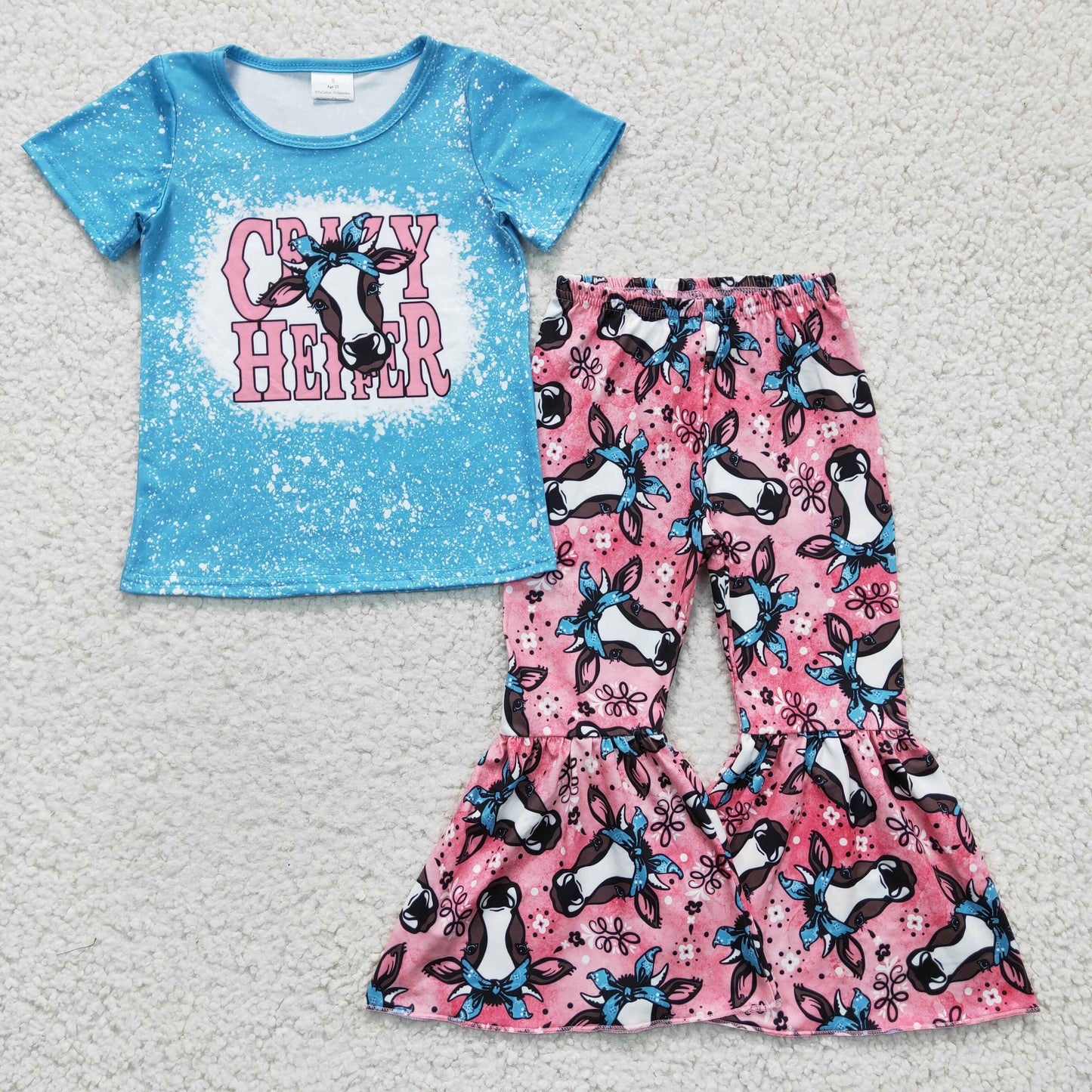 GSPO0415 Pink Blue Crazy Heifer Cow Floral Girls Short Sleeve Bell Bottom Pants Outfits